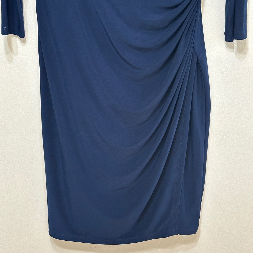 Lauren Ralph Lauren Ruched Dress Womens 14 Navy Surplice Sheath Stretch Classic - Picture 3 of 10